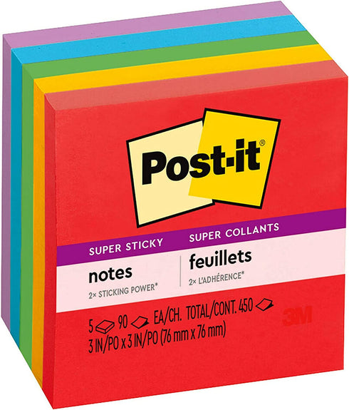 Post-it Super Sticky Notes, 3x3 in, 5 Pads, 2x the Sticking Power, Playful Primaries, Primary Colors (Red, Yellow, Green, Blue, Purple), Recyclable(654-6SSAN)