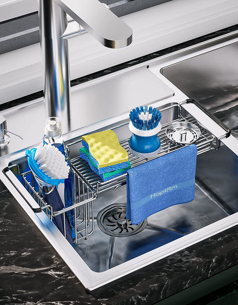 Telescopic Sink Caddy Sponge Holder, Expandable 13-3/4" to 18" Kitchen Sink Organizer with Dish Clothes Hanger for Brush Dishwashing Liquid, Over Sink Rack Rustproof & Non-Slip, Stainless Steel