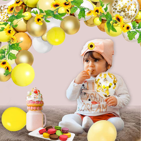 LEVSUPTY 108Pcs Sunflower Yellow Balloons Garland Arch Kit, Yellow White Gold Confetti Latex Balloons and Sunflower Vine for Baby Shower Sunflower Birthday Bee Theme Party Wedding Decorations