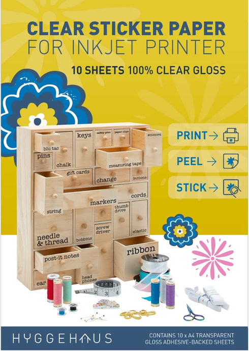 HYGGEHAUS Clear Sticker Paper for Inkjet Printer - Full Page Labels 8.5 x 11 in for Storage. Clear Printable Contact Paper for Craft and Home or Office DIY Labelling Projects. 10 Sheets