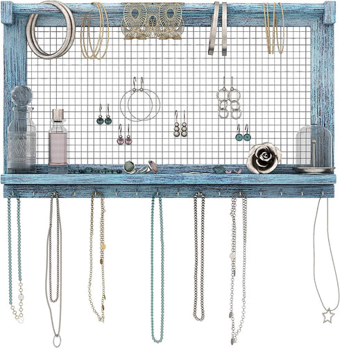Rustic Jewelry Organizer Wall Mounted Jewelry Holder with Removable Bracelet Rod, Shelf and 16 Hooks Perfect Earrings, Necklaces and Bracelets Holder Vintage Jewelry Display Rustic Blue