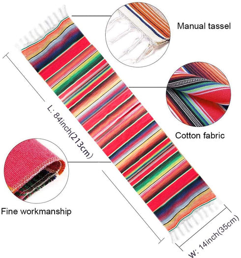 Fowecelt Mexican Serape Table Runner 14 x 84 Inch for Mexican Party Wedding Decorations Outdoor Picnics Dining Table, Fringe Cotton Handwoven Table Runners