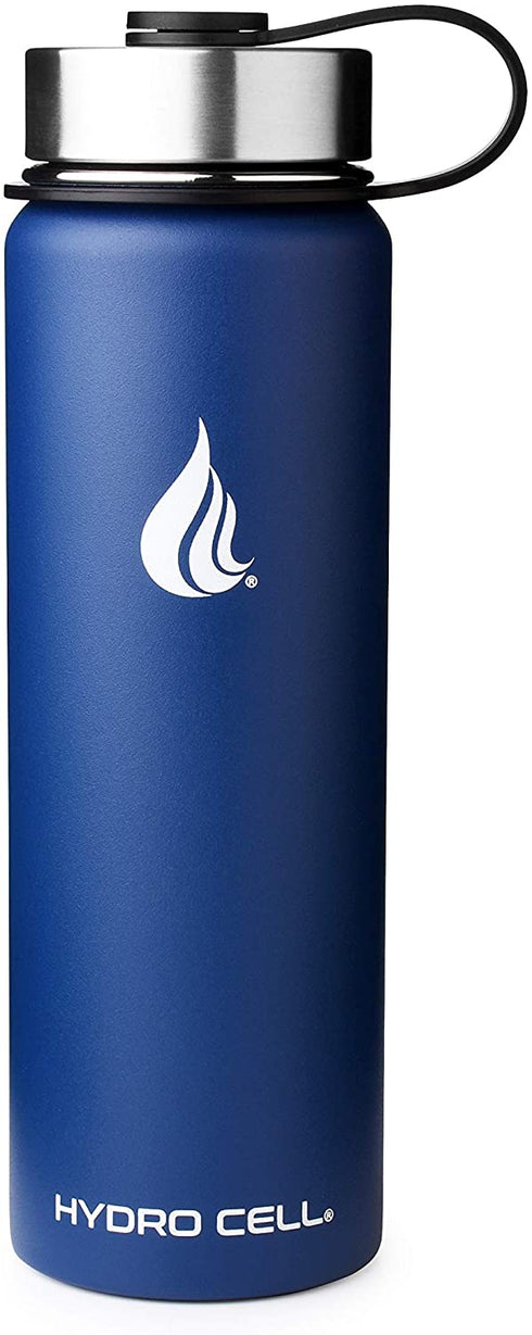HYDRO CELL Stainless Steel Water Bottle w/ Straw & Wide Mouth Lids (64oz 40oz 32oz 24oz 18oz 14oz) - Keeps Liquids Perfectly Hot or Cold with Double Wall Vacuum Insulated Sweat Proof Sport Design (Navy Blue 24oz)