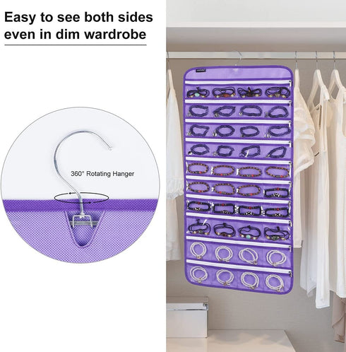ANZORG 80 Zippered Pockets Hanging Jewelry Organizer for Holding Jewelries Dual-Sided Accessory Display Holder for Earrings Bracelets Rings (80 Zippered Pockets-Purple)