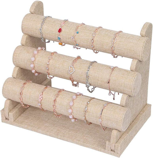 3 Tier Detachable Bracelet Holder Watch Stand for Jewelry Organizer and Hairband Display (yellow linen)