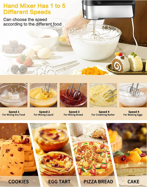 Hand Mixer Electric 5-Speed Handheld Kitchen Mixer for Cake, Egg White, Yeast Dough, Include 5 Stainless Steel Accessories, (2 Beaters, 2 Dough Hooks & 1 Whisk), with Eject/ Turbo Function, 450W Peak