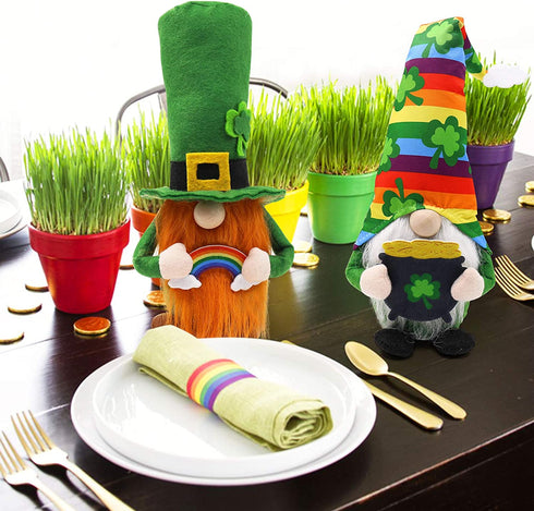 St. Patrick's Day Gnome Irish Leprechaun Tomte for March Saint Paddy's Day Gift Rainbow Nisse Handmade Scandinavian Folklore Shamrock Elf Dwarf Home Household Kitchen Tiered Tray Decorations Set of 2
