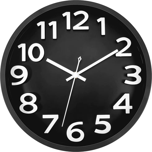 Lumuasky Large Black Wall Clock, 12 Inch Silent Non-Ticking Battery Operated Modern 3D Numbers Round Analog Decorative Clock for Living Room Bedroom Kitchen Home Office School