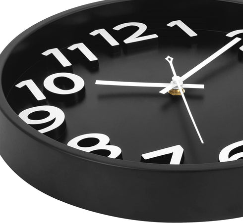 Lumuasky Large Black Wall Clock, 12 Inch Silent Non-Ticking Battery Operated Modern 3D Numbers Round Analog Decorative Clock for Living Room Bedroom Kitchen Home Office School