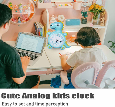 Kids Alarm Clocks, Analog Dinosaur Wall Clock for Kids Room Decor, Desk Clock Non Ticking Dinosaurs Decals for Bedroom Decoration,Blue