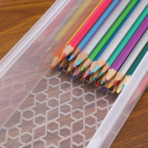 BTSKY Long Plastic Stackable Box Home, Office Supplies Storage Organizer Box Pencil Box Plastic Organizer Holder for Gel Pens Erasers Tape Pens Pencils Markers etc- 3 Pack - Clear with Grey Clip