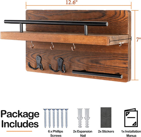 OurWarm Key Holder and Mail Organizer Wall Mounted with Key Hooks, Key Hanger Rack Rustic Home Decor for Entryway Mudroom Bathroom Kitchen, Brown