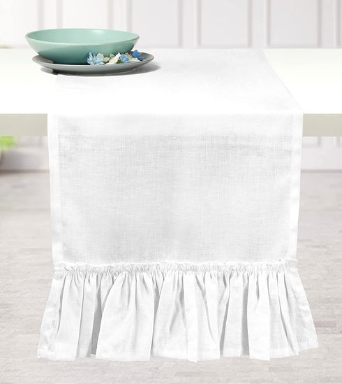 D'Moksha Homes White Table Runner - 14 x 72 Inch, 100% Pure Linen Ruffle Table Runners 72 inches Long, Machine Washable, Easter Table Runner, Perfect for Spring Summer Mother's Day