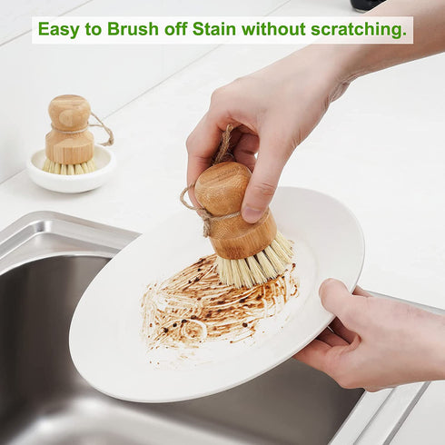 SUBEKYU Bamboo Dish Scrub Brush for Kitchen Sink, Natural Wooden Washing Dish Brush Scrubber, Sisal Bristles Brush for Household Cleaning Cast Iron Brush Pots, Pans and Vegetables