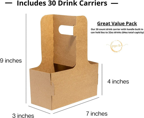 Gugas LLC Kraft Drink Carrier for Delivery (30 Count) - 2 Cup Holder Drink Carriers with Handle - in Bulk for Restaurants, Food Delivery, Uber Eats, Doordash, Postmates, Cafes, & Coffee Shops