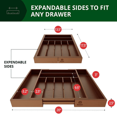 Luxury Bamboo Kitchen Drawer Organizer - Silverware Organizer - Utensil Holder and Cutlery Tray with Grooved Drawer Dividers for Flatware and Kitchen Utensils (9 Slot, Brown)