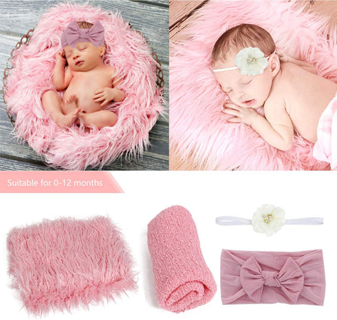 4 Pcs Newborn Photography Props Outfits- Baby Long Ripple Wrap and Toddler Swaddle Blankets Photography Mat with Cute Headbands for Infant Boys Girls(0-12 Months) (Pink)