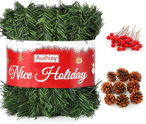 Auihiay 54 Feet Christmas Garland Artificial Christmas Garland with 30 Red Berries and 9 Pine Cones for Christmas Home Holiday Party Outdoor Indoor Decorations