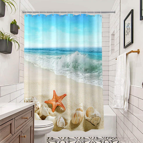Beach Shower Curtain Washable, Seashells Starfish Conch Waves Ocean Bath Curtains, Blue Fabric Waterproof Bathroom Curtain Set with Hooks