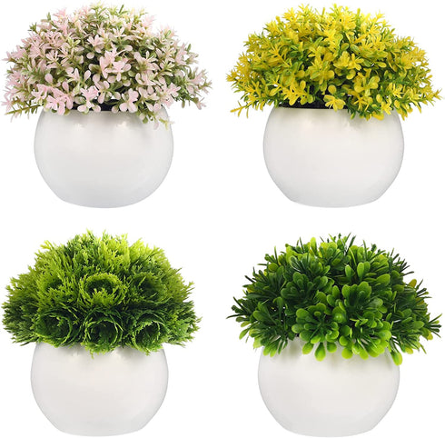 FOURBF 4 Packs Artificial Mini Potted Plants Plastic Faux Topiary Shrubs Fake Plant Flower for Room Office Desk Decoration