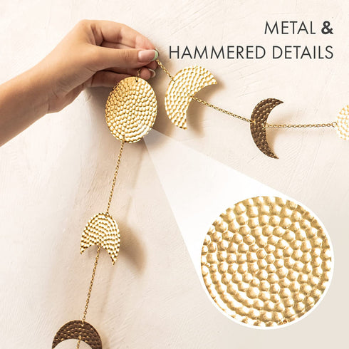 Moon Phase Wall Hanging Garland - 7 Gold Hammered Metal Boho Wall Decor Moon Garland 34'' - Celestial Phases Moon Decor in Bohemian Style - Moon Phases Wall Art for Home, Dorm, Bedroom, Living Room