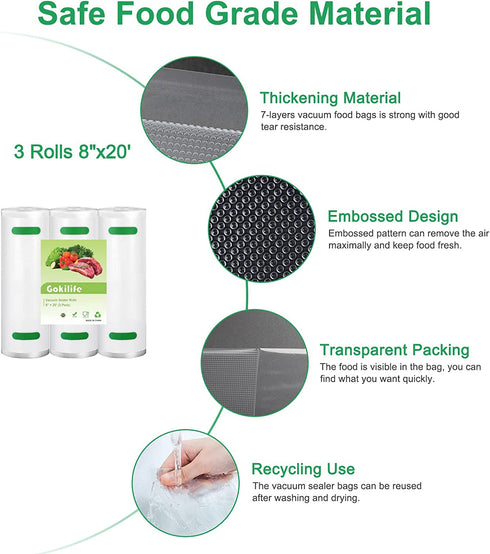 Gokilife Vacuum Sealer Bags Rolls - 8" x 20' 3 Pack-Compatible with Food Saver Seal a Meal , Heavy Duty BPA Free Commercial Fresh Bag, Cut to Size for Vac Storage, Meal Prep or Sous Vide