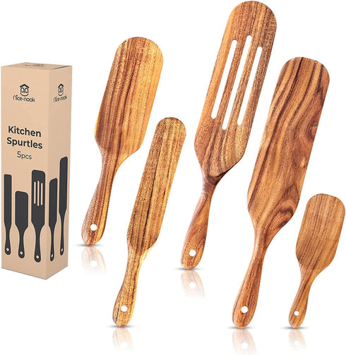 Spurtle set As Seen on TV- Nice-nook 5pc wooden spoons for cooking made with Premium teak wood-Cookware Utensils For Non Stick , Baking, Smashing, Scooping, Spreading, Serving and More-Great gift.