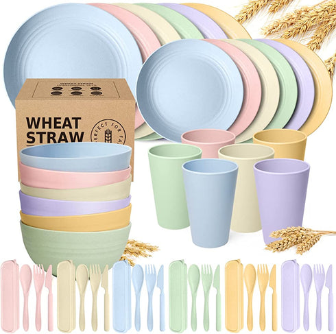 Teivio Kitchen Wheat Straw Dinnerware Set, Dinner Plates, Dessert Plate, Cereal Bowls, Cups, Unbreakable Plastic Outdoor Camping Dishes (Service for 6 (24 pcs with flatware), Multicolor)
