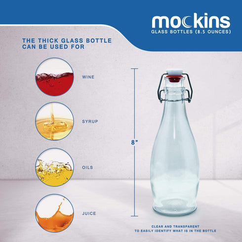 Mockins Set of 6 | 8.5 Oz. Glass Bottle Set with Swing Top Stoppers and Includes Bottle Brush , Funnel and Gold Glass Marker | Clear Glass Water Bottle