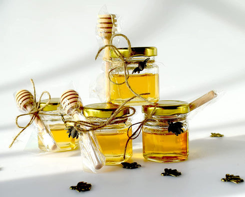 Adabocute 1.5 oz 20 pack Hexagon Mini Glass Honey Jars with Wood Dipper, Gold Lid, Bee Pendants - Perfect for Baby Shower, Wedding Favors, Party Favors