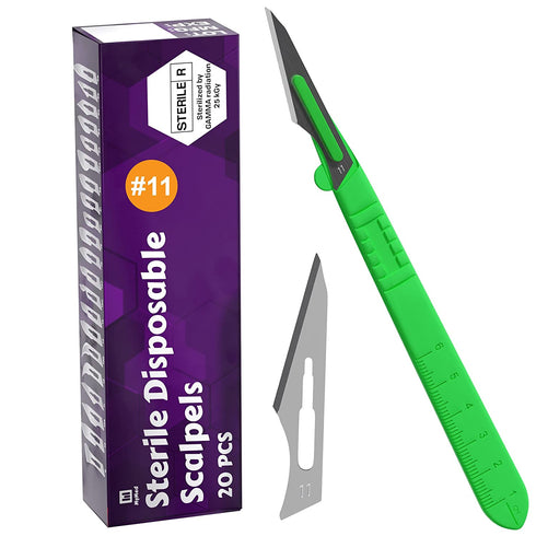 MyMed Disposable Scalpels| #11 Sharp Carbon-Steel Blades | Pack of 20 | Sterile Individual Pouches| for Dermaplaining, Podiatry, Crafts & More (#11 Green Handle)