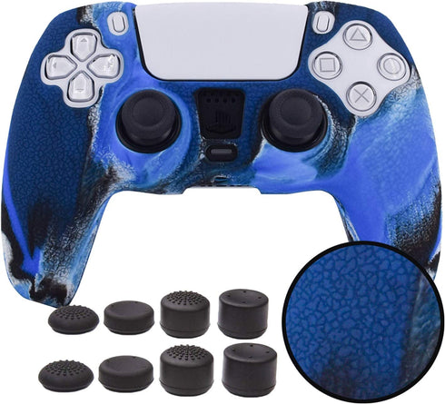 Skin for PS5 Controller Grips,Pandaren Texture Pattern Cover for Playstation 5 Controller Sweat-Proof Anti-Slip Silicone Cover Hand Grip with 8pcs FPS Pro Thumbsticks Cap Protector(Camouflage Blue)