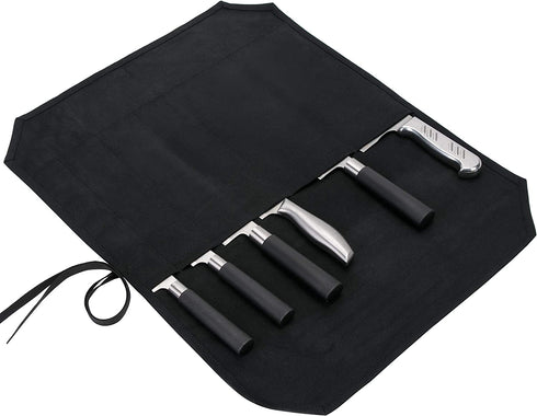 HERSENT Chefs Knife Roll Case, Waxed Canvas Cutlery Knives Holders Protectors, Home Kitchen Cooking Tools and Utensils Wrap Bag Wallet, Multi-Purpose Brush Roll Bag, Travel Tool Roll Pouch (Black)