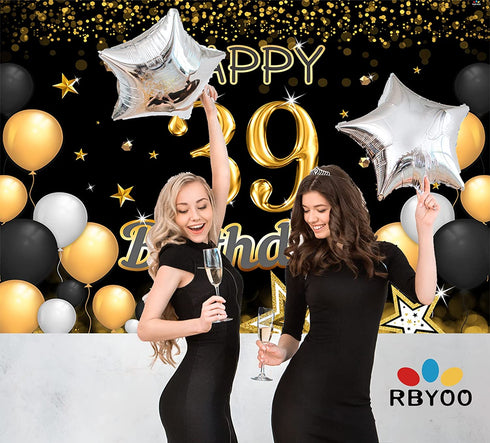 RBYOO 39th Gold Black Happy Birthday Backdrop for Girls Women Boy Men 7x5ft Photography Background Banner Birthday Party Decorations Photo Booth Props