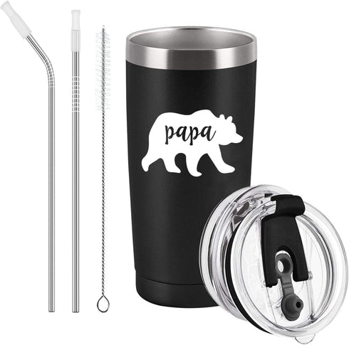 Gingprous Papa Bear Travel Tumbler Gifts for Men, Best Dad Papa Birthday Gifts for New Dad, Dad to Be, Father's Day Christmas Xmas Present, Stainless Steel Travel Tumbler with 2 Lids(20 Oz, Black)