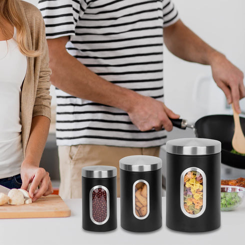 AEUNKIUO Kitchen Counter Canister set 3 pieces,with Long Wood Spoon, Stainless Steel Food Storage Containers with Visible Window and Brushed Airtight Lids ,For Sugar,Coffee,Biscult,Flour jar Keep Fresh,Black