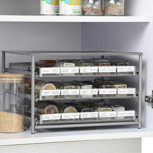 NEX Spice Rack Organizer for Cabinet, 3 Tier Kitchen Seasoning Food Jars Storage Drawer with Labels, Silver
