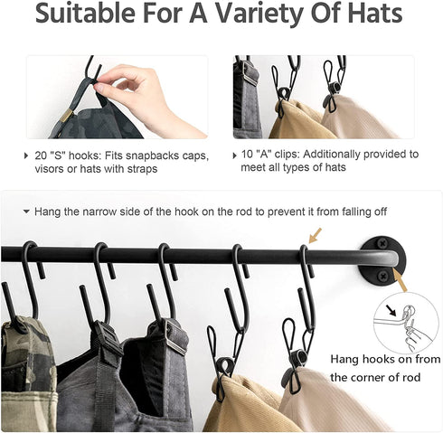 Mkono Hat Rack for Wall Baseball Cap Organizer Hanger with 20 Hooks Modern Metal Hat Holder Wall-Mounted Caps Display for Closet Door Bedroom Entryroom Laundry, Set of 2,Black