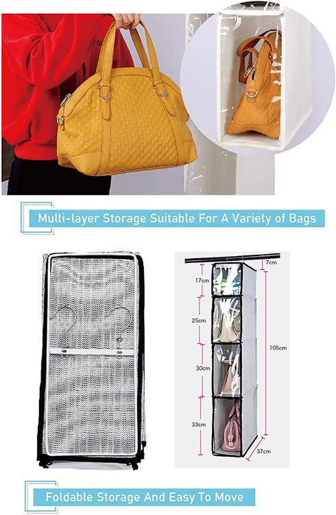 OULLYY Hanging Handbags Organizer for Closet, Multi-Layer Breathable Cotton Linen Fabric Closet Purse Storage Bag with Clear Dust Proof Cover (Gray A)