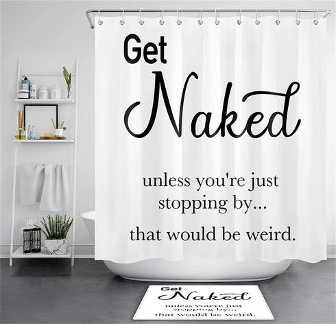 HVEST Get Naked Shower Curtain, Funny Quotes Inspirational Bathroom Shower Curtain, Black and White Cool Artwork Polyester Waterproof Fabric Bath Decor with Hooks Accessories, 72x72 Inches