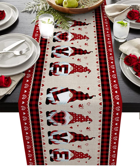 Valentine's Day Cotton Linen Table Runner Red Buffalos Check Plaid Dresser Scarves, Gnomes and Love Heart Table Runners for Farmhouse Kitchen Dinning Table Decor