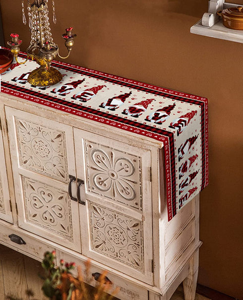 Valentine's Day Cotton Linen Table Runner Red Buffalos Check Plaid Dresser Scarves, Gnomes and Love Heart Table Runners for Farmhouse Kitchen Dinning Table Decor