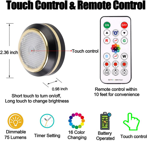 Puck Lights with Remote, Color Changing Wireless LED Puck Lights with Timer, Dimmable Under Cabinet Lights for Kitchen Cabinet Counter, Battery-Powered Closet Lights (6 Pack, Batteries Included)
