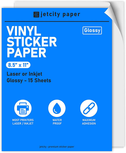 JETCITY Premium Printable Vinyl Sticker Paper | Inkjet & Laser Printers | Waterproof | Cricut Compatible | Glossy - Pack of 15 Sheets