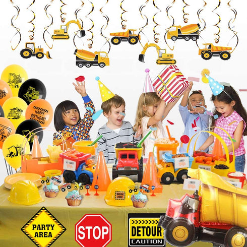 Construction Party Supplies, Dump Truck Birthday Party Decorations for Boys, with Construction Sign, Hanging Swirl, Happy Birthday Banner, Balloons, Cake Toppers - 70 Pack