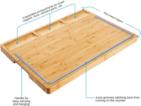 HHXRISE Large Bamboo Cutting Board With 3 Built-In Compartments And Juice Grooves - Kitchen Chopping Board for Meat (Butcher Block) Cheese and Vegetables (L 17 x 12.6")