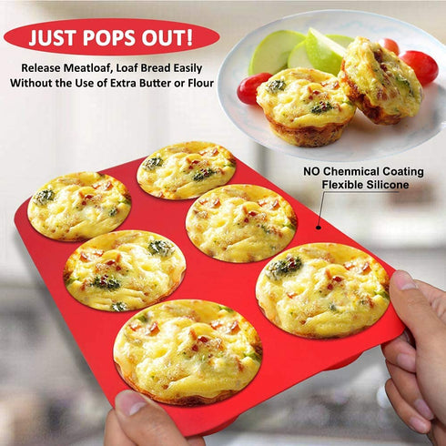Walfos Silicone Texas Muffin Pan Set- 6 Cup Jumbo Silicone Cupcake Pan, Non-Stick Silicone, Just PoP Out! Perfect for Egg Muffin, Big Cupcake - BPA Free and Dishwasher Safe, Set of 2