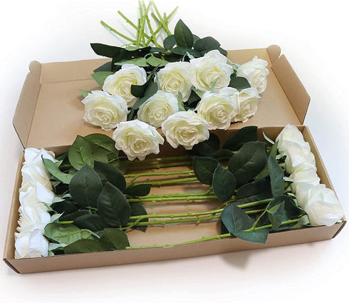 XDLBONNIE Artificial Silk Roses Long Stem Fake Rose Bulk with Stems Real Touch Flowers Bouquet for Wedding Home Party Arrangement Decoration Centerpieces Event Gift 10Pcs (White)