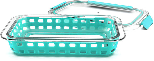 Ello Duraglass Bakeware - Glass Baking Dish with Airtight Lid and Silicone Sleeve Trivet - Freezer to Oven Safe (7 x 11-2 Quart, Aquaviva)