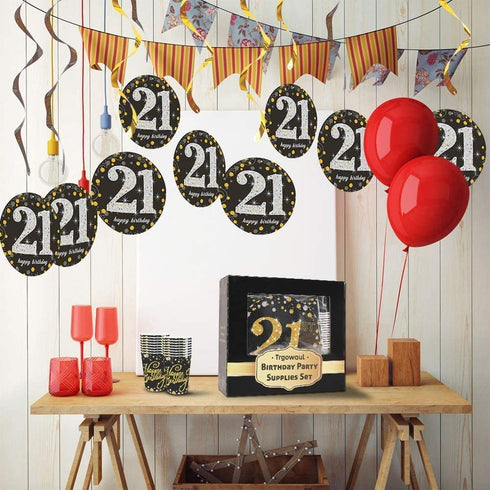 Trgowaul 21st Birthday Party Supplies - Black and Gold Disposable Paper Plates, Napkins, Cups, Tablecover Forks, Knives and Spoons for 24 Guests and Party Number Balloon Decorations Banner